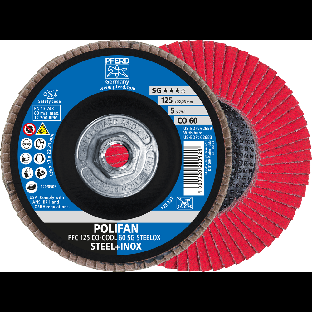 PFERD Flap Disc, 5&#34; x 5/8-11, CO-COOL SG STEELOX, 60 Grit, T29, Conical, Ceramic oxide<span class=' ItemWarning' style='display:block;'>Item is usually in stock, but we&#39;ll be in touch if there&#39;s a problem<br /></span>