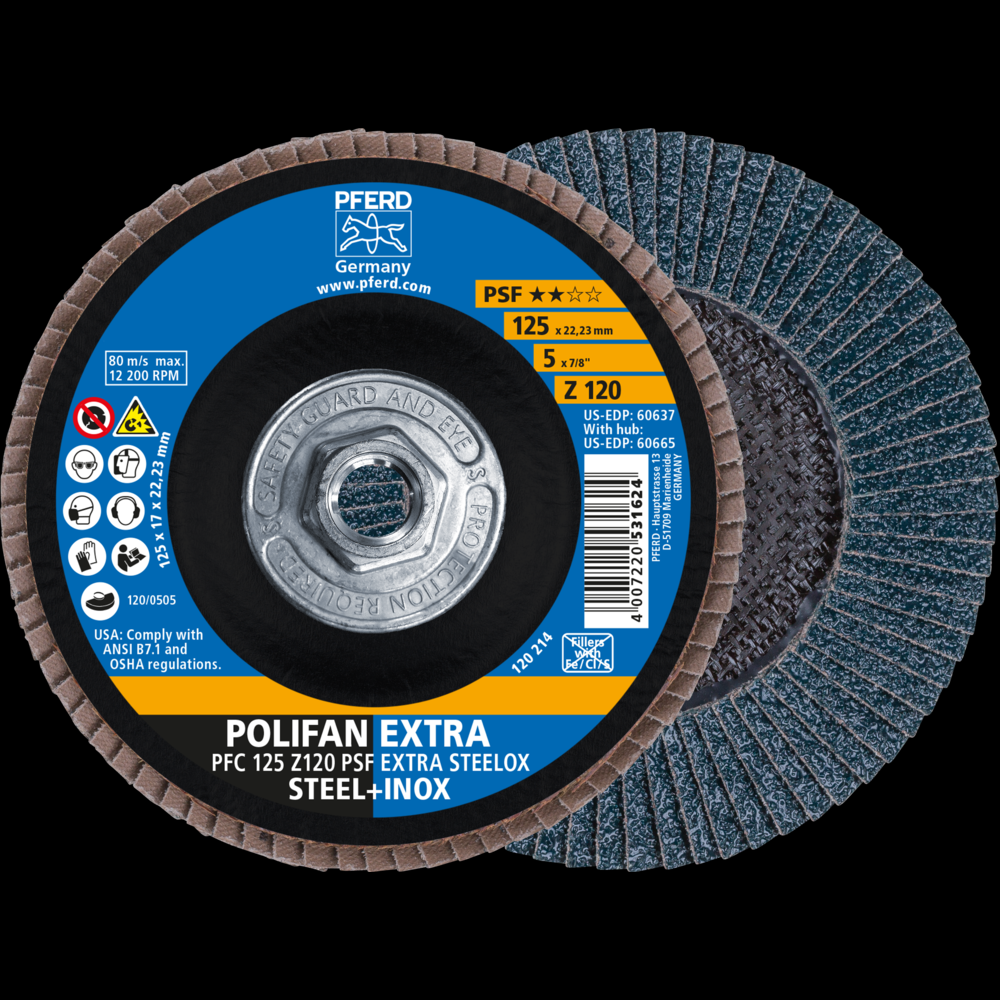 PFERD Flap Disc, 5&#34; x 5/8-11, Z PSF EXTRA STEELOX, 120 Grit, T29, Conical, Zirconia<span class=' ItemWarning' style='display:block;'>Item is usually in stock, but we&#39;ll be in touch if there&#39;s a problem<br /></span>