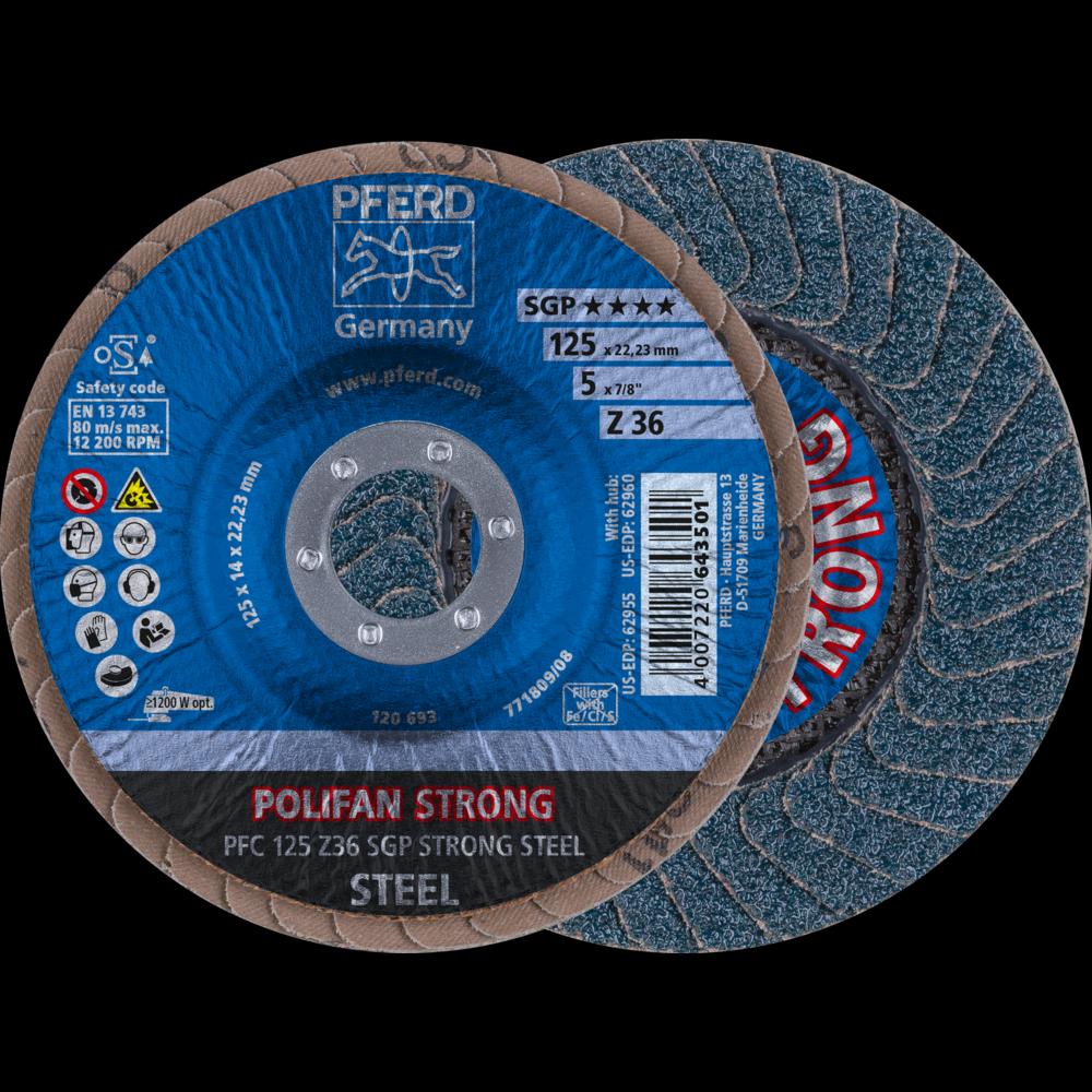 PFERD Flap Disc, 5&#34; x 7/8, Z SGP STRONG STEEL, 36 Grit, T29, Conical, Zirconia<span class=' ItemWarning' style='display:block;'>Item is usually in stock, but we&#39;ll be in touch if there&#39;s a problem<br /></span>