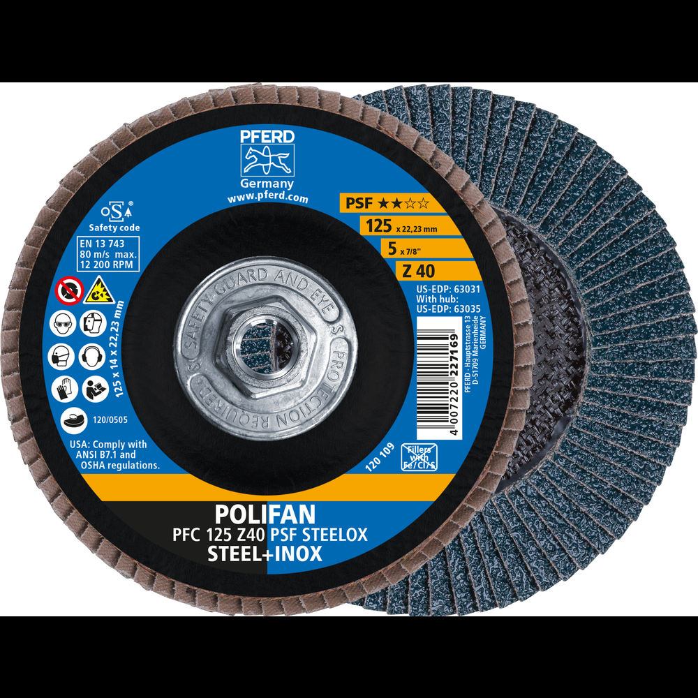 PFERD Flap Disc, 5&#34; x 5/8-11, Z PSF STEELOX, 40 Grit, T29, Conical, Zirconia<span class=' ItemWarning' style='display:block;'>Item is usually in stock, but we&#39;ll be in touch if there&#39;s a problem<br /></span>