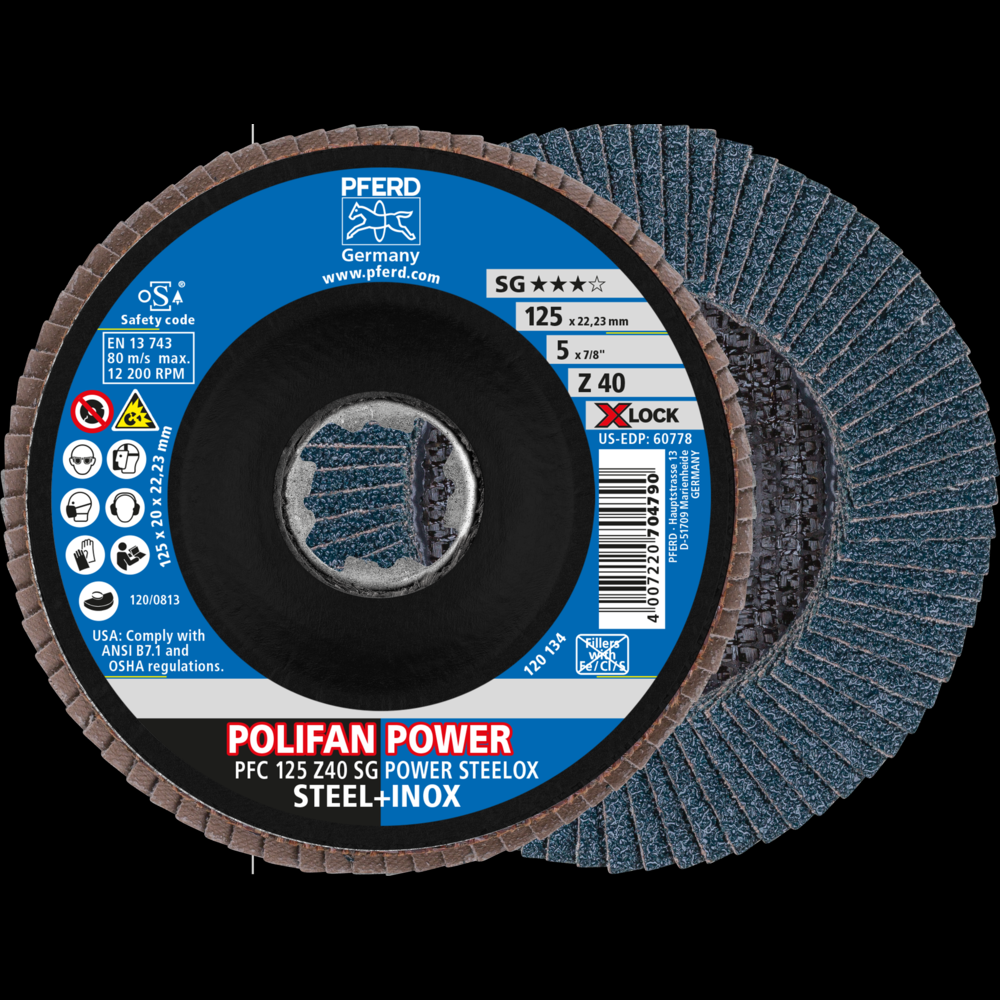 PFERD Flap Disc, 5&#34;, X-LOCK, Z SG POWER STEELOX, 40 Grit, T29, Conical, Zirconia<span class=' ItemWarning' style='display:block;'>Item is usually in stock, but we&#39;ll be in touch if there&#39;s a problem<br /></span>