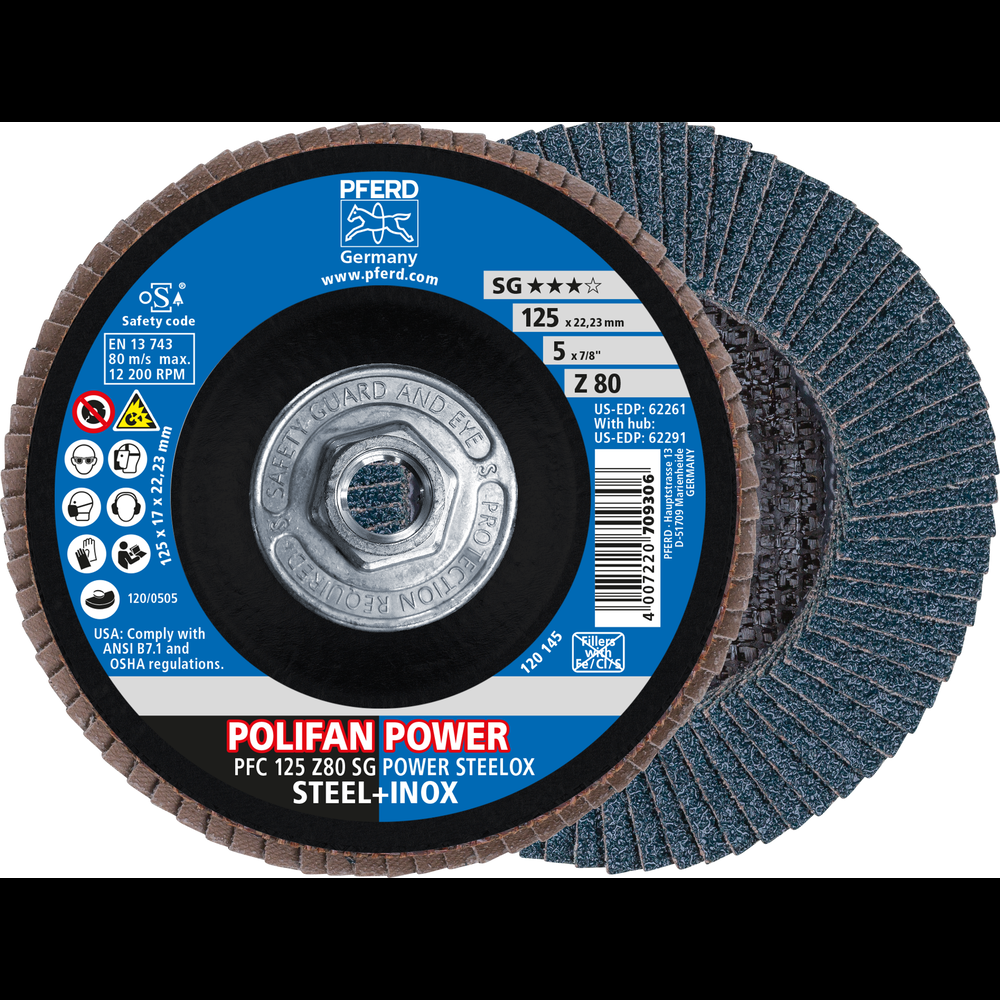 PFERD Flap Disc, 5&#34; x 5/8-11, Z SG POWER STEELOX, 80 Grit, T29, Conical, Zirconia<span class=' ItemWarning' style='display:block;'>Item is usually in stock, but we&#39;ll be in touch if there&#39;s a problem<br /></span>