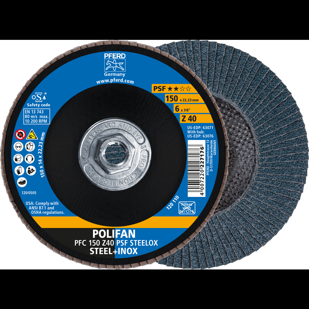 PFERD Flap Disc, 6&#34; x 5/8-11, Z PSF STEELOX, 40 Grit, T29, Conical, Zirconia<span class=' ItemWarning' style='display:block;'>Item is usually in stock, but we&#39;ll be in touch if there&#39;s a problem<br /></span>