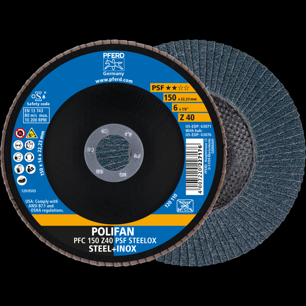 PFERD Flap Disc, 6&#34; x 7/8, Z PSF STEELOX, 40 Grit, T29, Conical, Zirconia<span class=' ItemWarning' style='display:block;'>Item is usually in stock, but we&#39;ll be in touch if there&#39;s a problem<br /></span>
