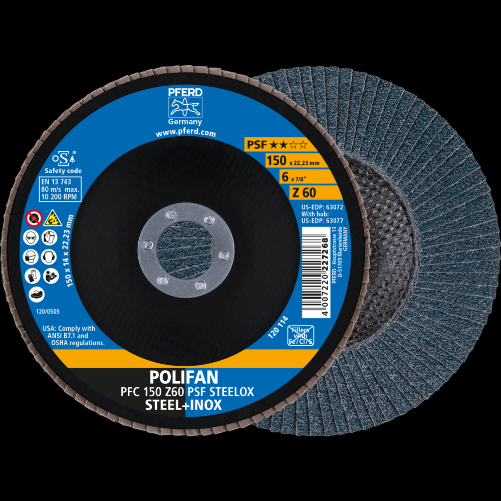 PFERD Flap Disc, 6&#34; x 7/8, Z PSF STEELOX, 60 Grit, T29, Conical, Zirconia<span class=' ItemWarning' style='display:block;'>Item is usually in stock, but we&#39;ll be in touch if there&#39;s a problem<br /></span>
