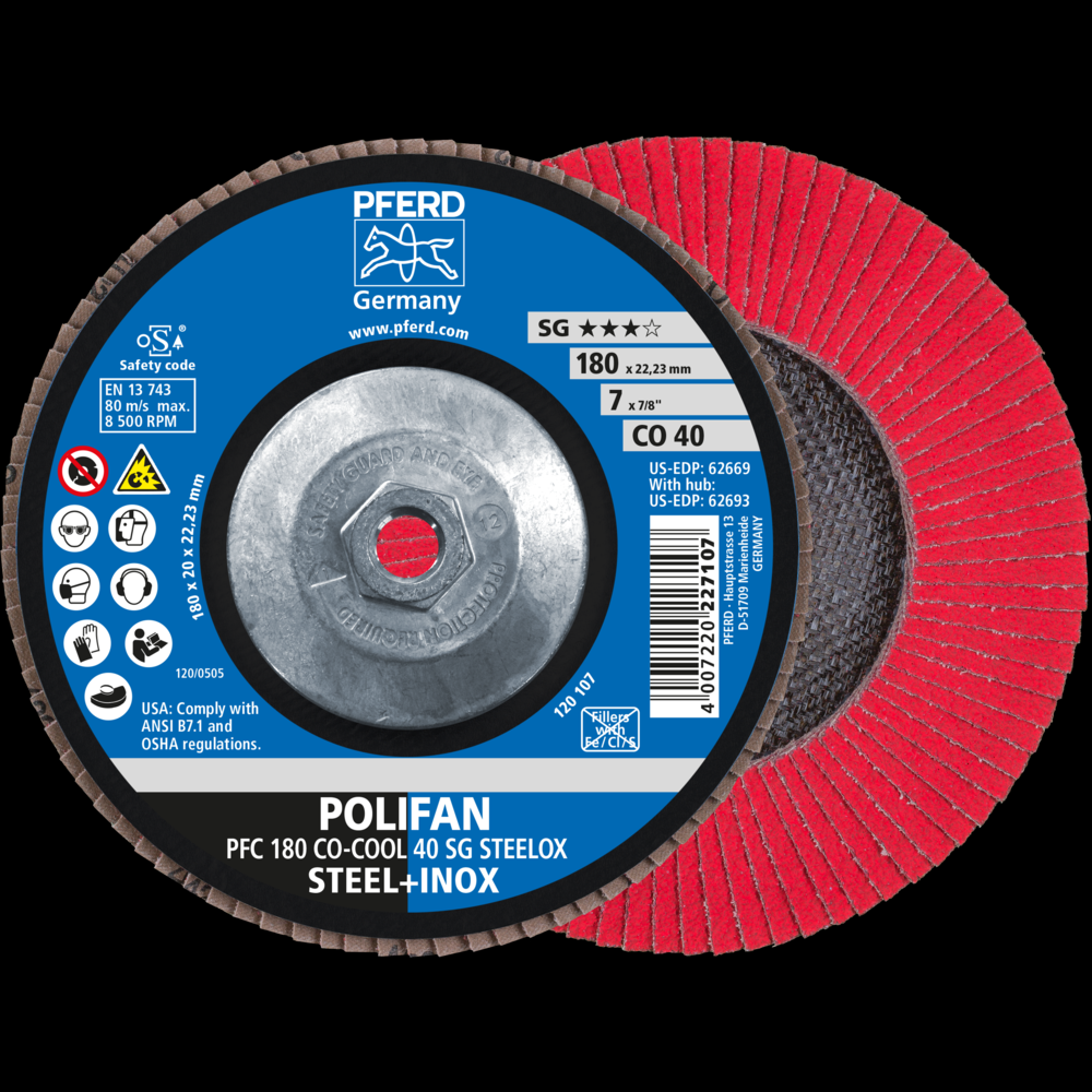 PFERD Flap Disc, 7&#34; x 5/8-11, CO-COOL SG STEELOX, 40 Grit, T29, Conical, Ceramic oxide<span class=' ItemWarning' style='display:block;'>Item is usually in stock, but we&#39;ll be in touch if there&#39;s a problem<br /></span>