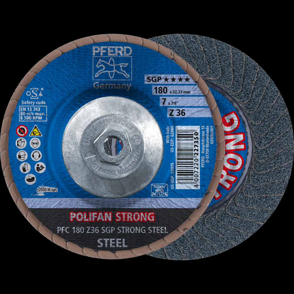 PFERD Flap Disc, 7&#34; x 5/8-11, Z SGP STRONG STEEL, 36 Grit, T29, Conical, Zirconia<span class=' ItemWarning' style='display:block;'>Item is usually in stock, but we&#39;ll be in touch if there&#39;s a problem<br /></span>