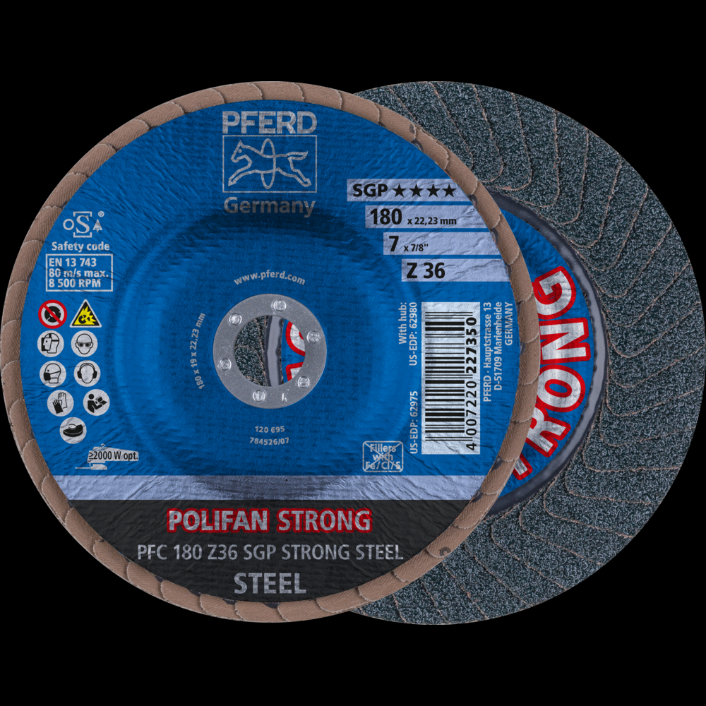 PFERD Flap Disc, 7&#34; x 7/8, Z SGP STRONG STEEL, 36 Grit, T29, Conical, Zirconia<span class=' ItemWarning' style='display:block;'>Item is usually in stock, but we&#39;ll be in touch if there&#39;s a problem<br /></span>
