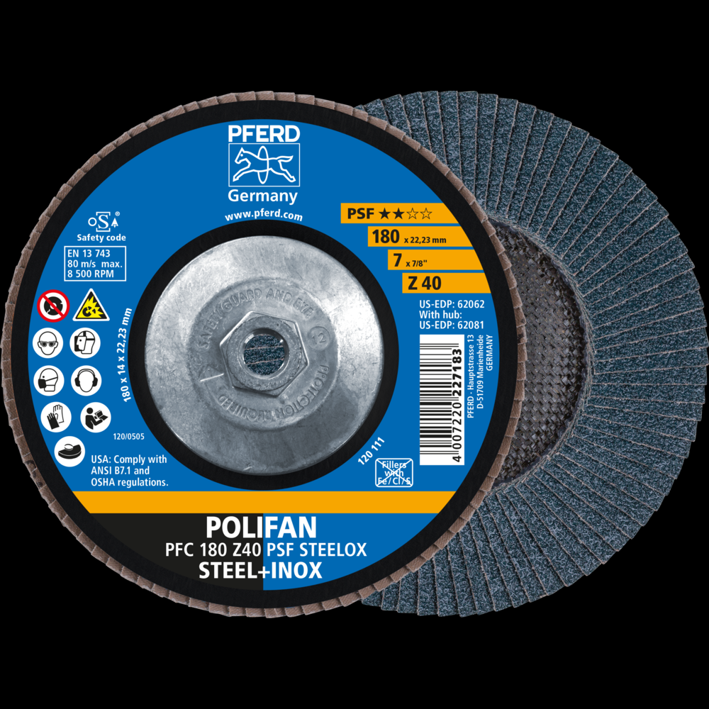 PFERD Flap Disc, 7&#34; x 5/8-11, Z PSF STEELOX, 40 Grit, T29, Conical, Zirconia<span class=' ItemWarning' style='display:block;'>Item is usually in stock, but we&#39;ll be in touch if there&#39;s a problem<br /></span>