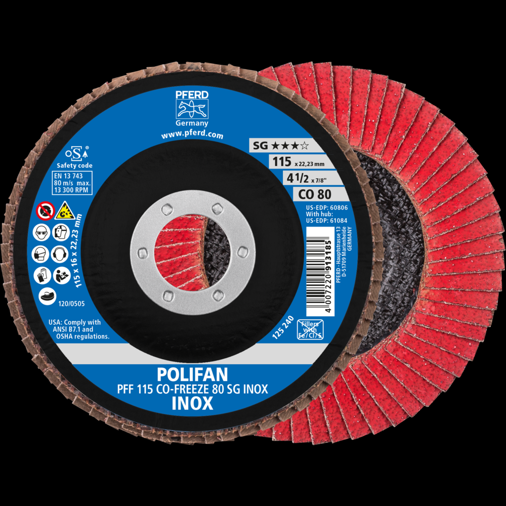 PFERD Flap Disc, 4-1/2&#34; x 7/8, CO-FREEZE SG INOX, 80 Grit, T27, Flat, Ceramic<span class=' ItemWarning' style='display:block;'>Item is usually in stock, but we&#39;ll be in touch if there&#39;s a problem<br /></span>