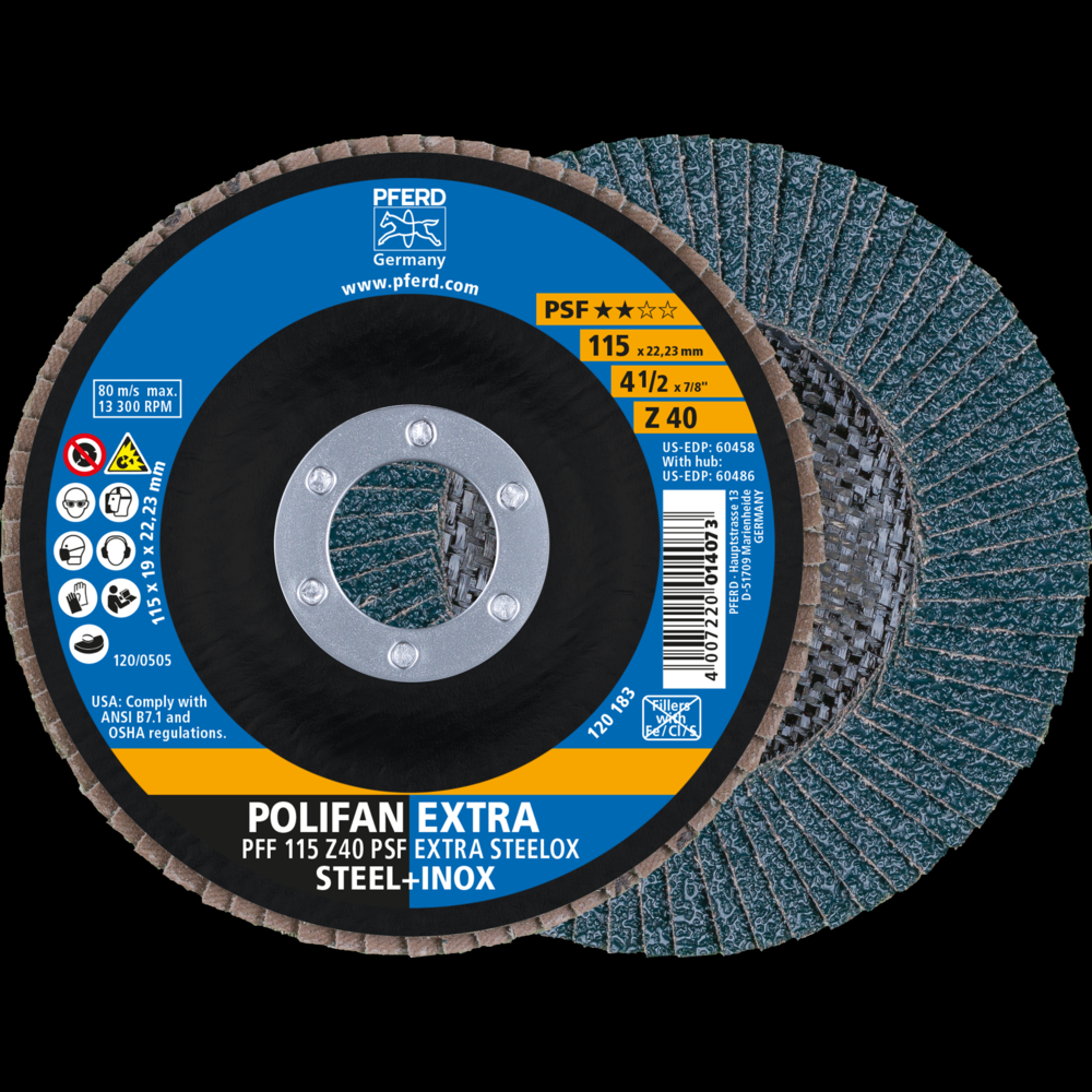 PFERD Flap Disc, 4-1/2&#34; x 7/8, Z PSF EXTRA STEELOX, 40 Grit, T27, Flat, Zirconia<span class=' ItemWarning' style='display:block;'>Item is usually in stock, but we&#39;ll be in touch if there&#39;s a problem<br /></span>