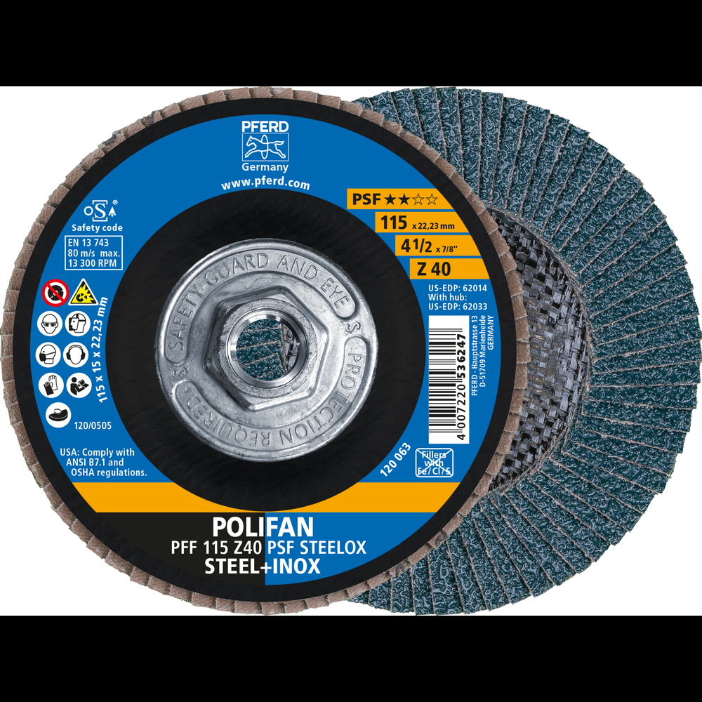 PFERD Flap Disc, 4-1/2&#34; x 5/8-11, Z PSF STEELOX, 40 Grit, T27, Flat, Zirconia<span class=' ItemWarning' style='display:block;'>Item is usually in stock, but we&#39;ll be in touch if there&#39;s a problem<br /></span>