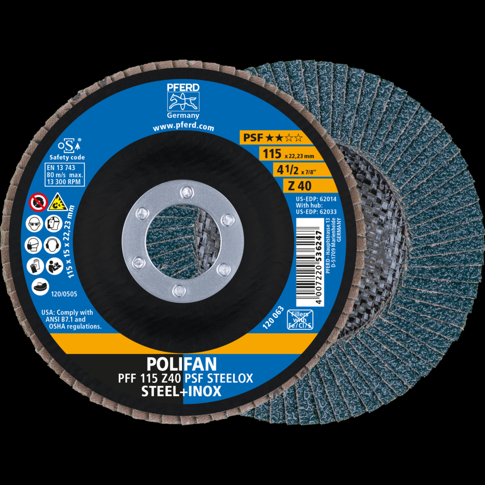 PFERD Flap Disc, 4-1/2&#34; x 7/8, Z PSF STEELOX, 40 Grit, T27, Flat, Zirconia<span class=' ItemWarning' style='display:block;'>Item is usually in stock, but we&#39;ll be in touch if there&#39;s a problem<br /></span>