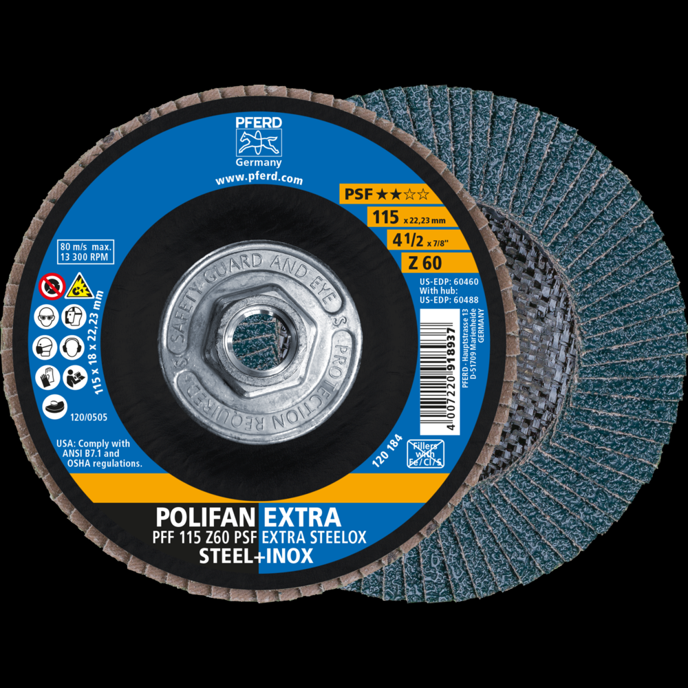 PFERD Flap Disc, 4-1/2&#34; x 5/8-11, Z PSF EXTRA STEELOX, 60 Grit, T27, Flat, Zirconia<span class=' ItemWarning' style='display:block;'>Item is usually in stock, but we&#39;ll be in touch if there&#39;s a problem<br /></span>