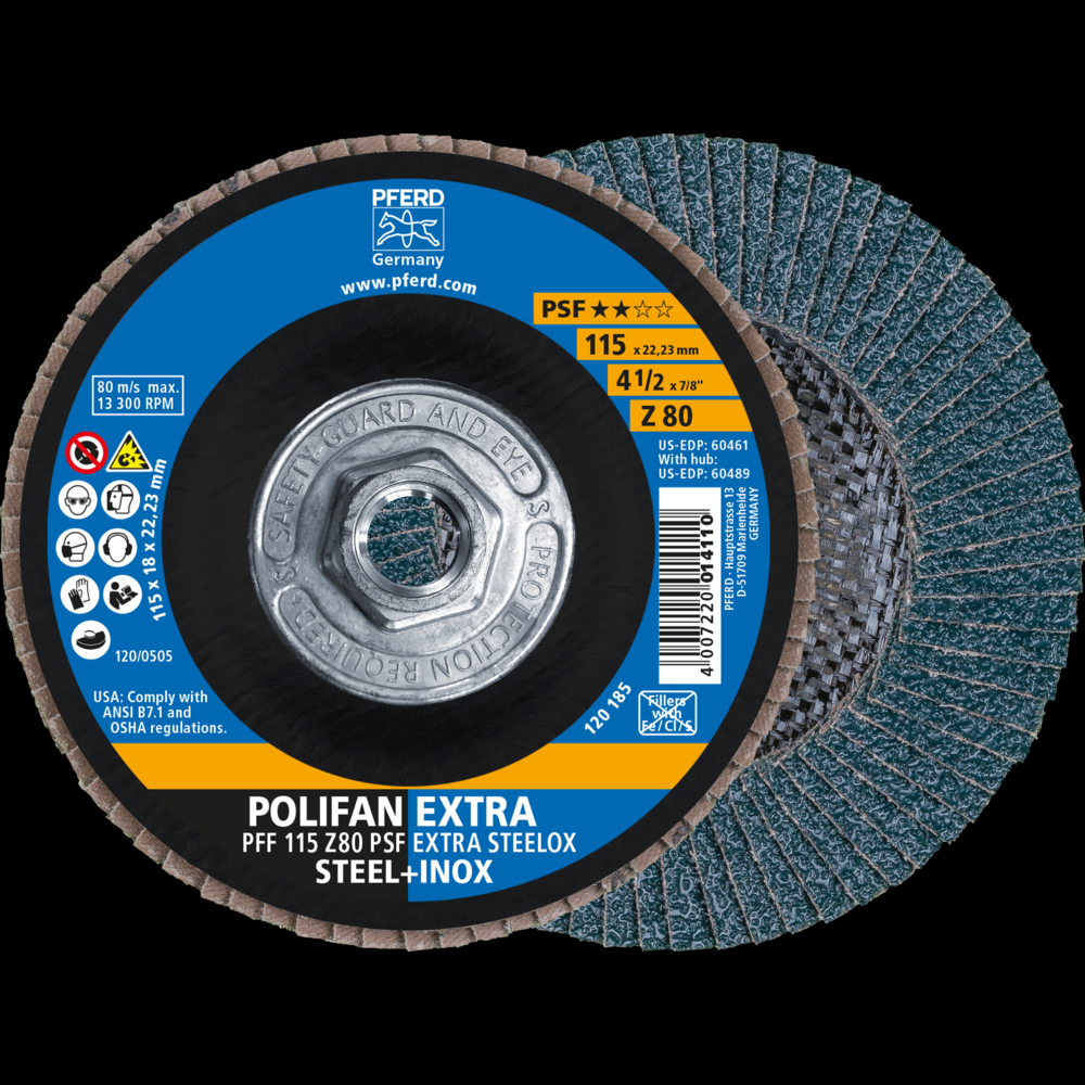 PFERD Flap Disc, 4-1/2&#34; x 5/8-11, Z PSF EXTRA STEELOX, 80 Grit, T27, Flat, Zirconia<span class=' ItemWarning' style='display:block;'>Item is usually in stock, but we&#39;ll be in touch if there&#39;s a problem<br /></span>