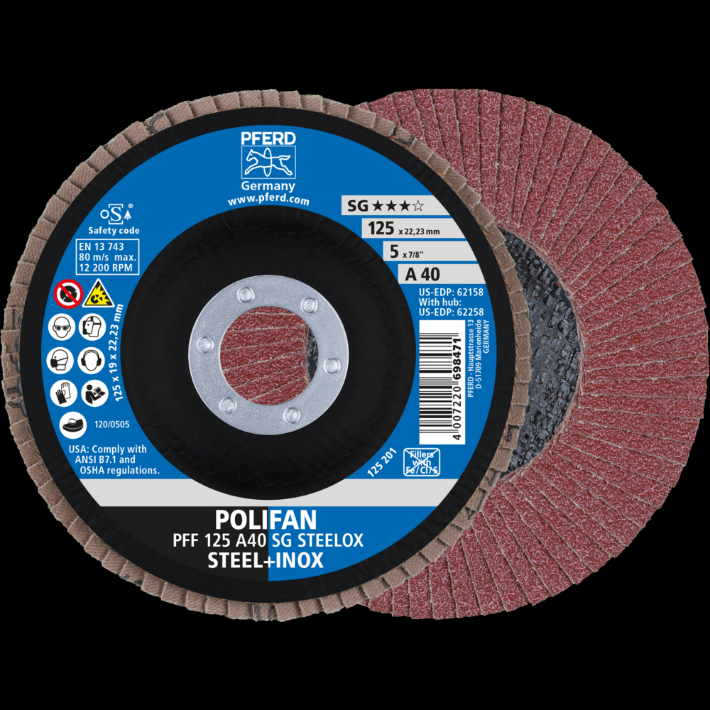 PFERD Flap Disc, 5&#34; x 7/8, A SG STEELOX, 40 Grit, T27, Flat, Aluminum oxide<span class=' ItemWarning' style='display:block;'>Item is usually in stock, but we&#39;ll be in touch if there&#39;s a problem<br /></span>