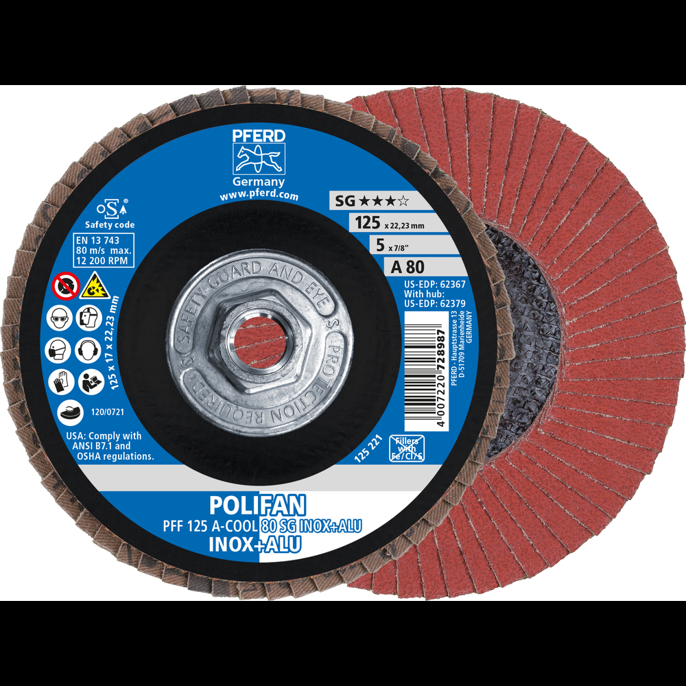 PFERD Flap Disc, 5&#34; x 5/8-11, A-COOL SG INOX+ALU, 80 Grit, T27, Flat, Aluminum oxide<span class=' ItemWarning' style='display:block;'>Item is usually in stock, but we&#39;ll be in touch if there&#39;s a problem<br /></span>