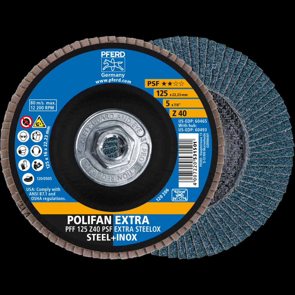 PFERD Flap Disc, 5&#34; x 5/8-11, Z PSF EXTRA STEELOX, 40 Grit, T27, Flat, Zirconia<span class=' ItemWarning' style='display:block;'>Item is usually in stock, but we&#39;ll be in touch if there&#39;s a problem<br /></span>