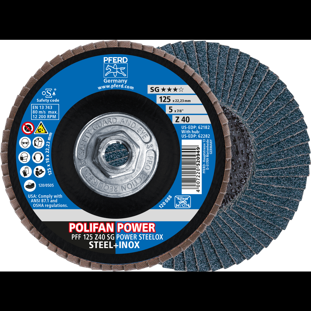 PFERD Flap Disc, 5&#34; x 5/8-11, Z SG POWER STEELOX, 40 Grit, T27, Flat, Zirconia<span class=' ItemWarning' style='display:block;'>Item is usually in stock, but we&#39;ll be in touch if there&#39;s a problem<br /></span>