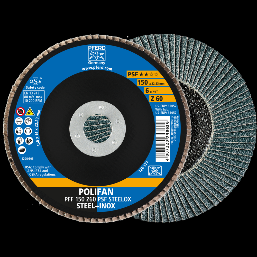 PFERD Flap Disc, 6&#34; x 7/8, Z PSF STEELOX, 60 Grit, T27, Flat, Zirconia<span class=' ItemWarning' style='display:block;'>Item is usually in stock, but we&#39;ll be in touch if there&#39;s a problem<br /></span>