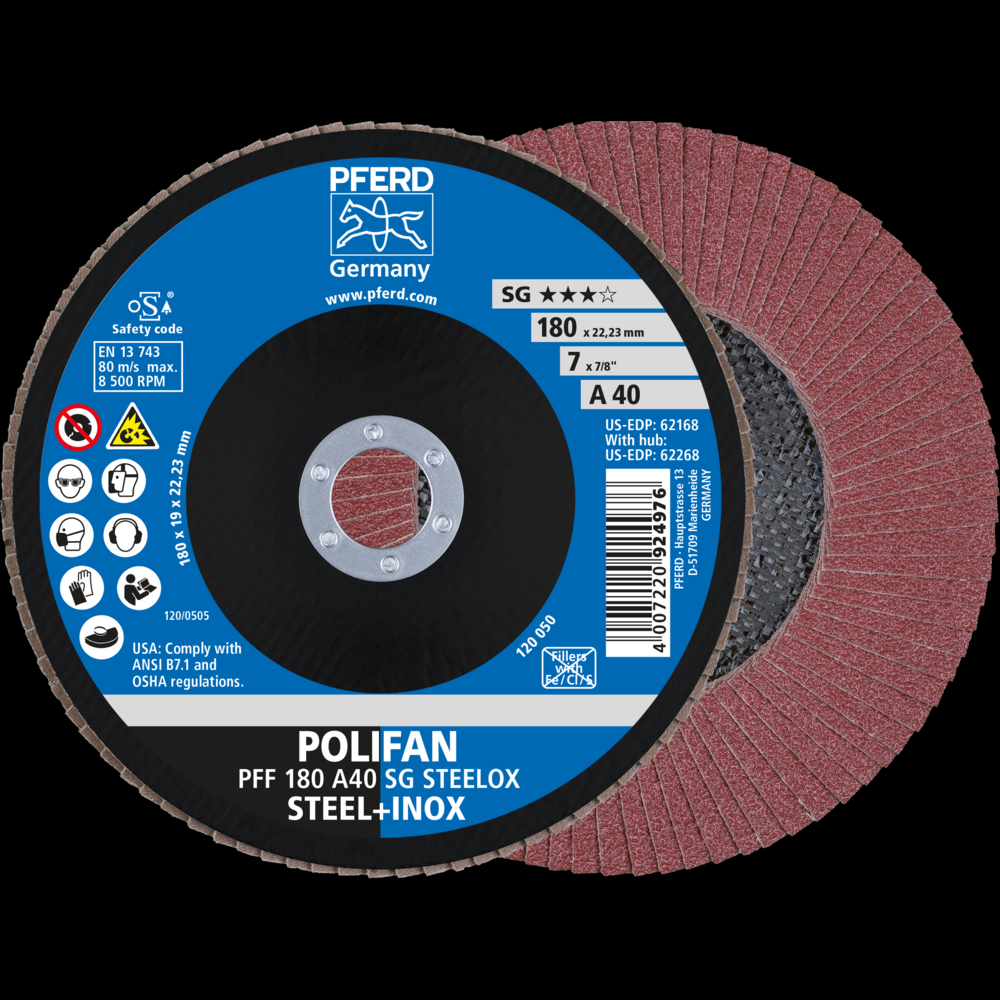 PFERD Flap Disc, 7&#34; x 7/8, A SG STEELOX, 40 Grit, T27, Flat, Aluminum oxide<span class=' ItemWarning' style='display:block;'>Item is usually in stock, but we&#39;ll be in touch if there&#39;s a problem<br /></span>