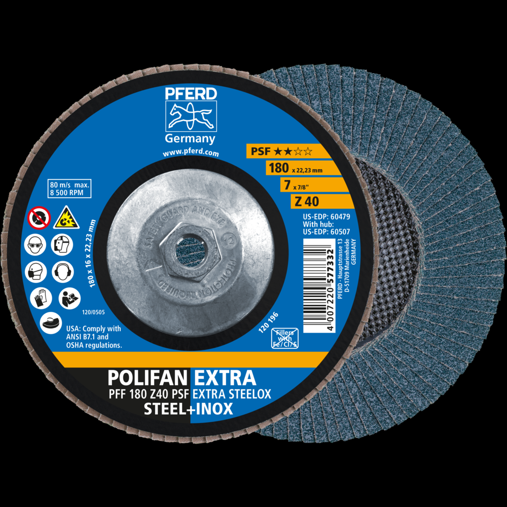 PFERD Flap Disc, 7&#34; x 5/8-11, Z PSF EXTRA STEELOX, 40 Grit, T27, Flat, Zirconia<span class=' ItemWarning' style='display:block;'>Item is usually in stock, but we&#39;ll be in touch if there&#39;s a problem<br /></span>
