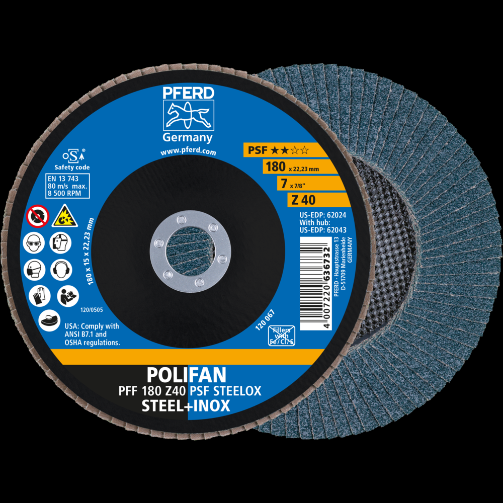 PFERD Flap Disc, 7&#34; x 7/8, Z PSF STEELOX, 40 Grit, T27, Flat, Zirconia<span class=' ItemWarning' style='display:block;'>Item is usually in stock, but we&#39;ll be in touch if there&#39;s a problem<br /></span>