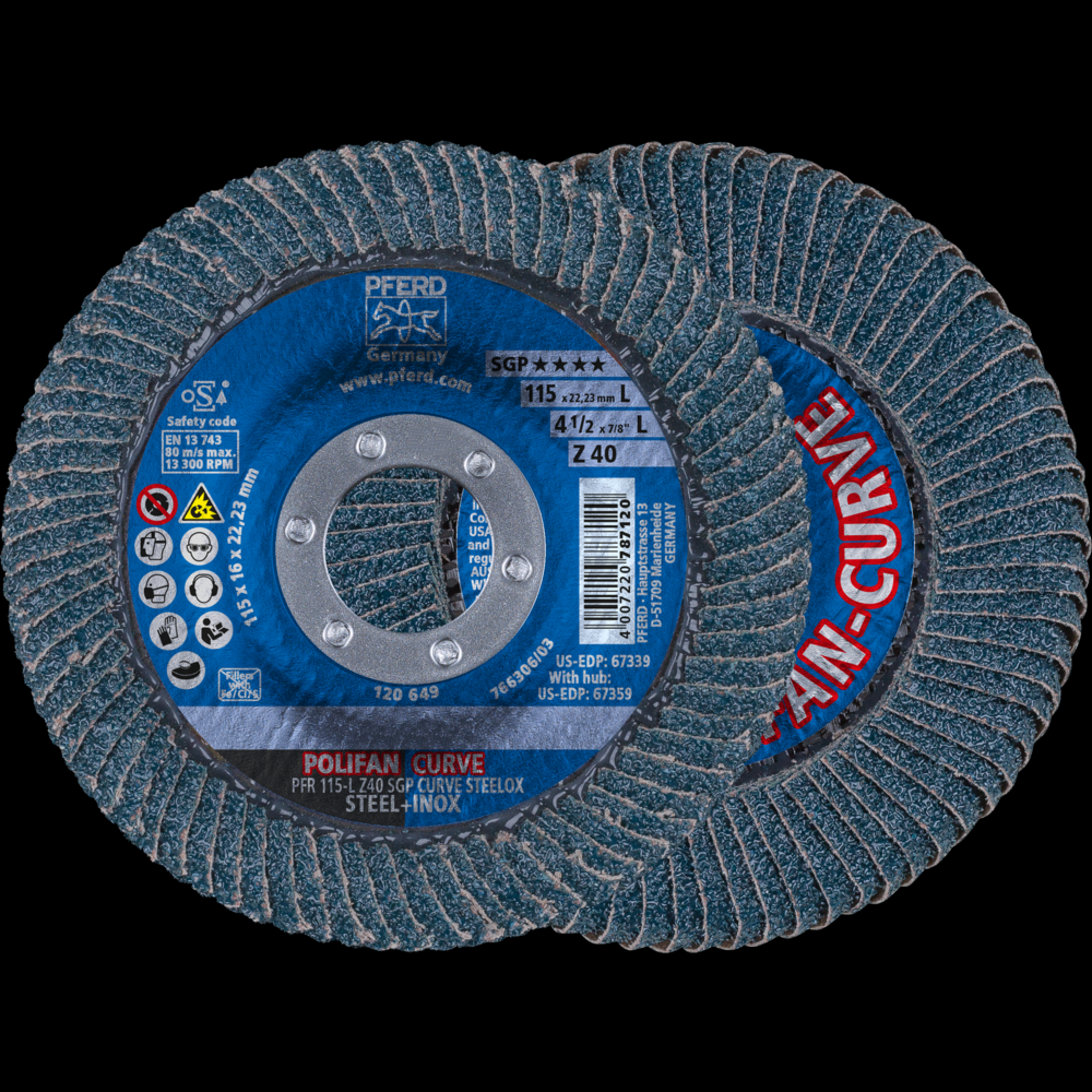 PFERD Flap Disc, 4-1/2&#34; x 7/8, Z SGP CURVE STEELOX, 40 Grit, Large Radius, Zirconia<span class=' ItemWarning' style='display:block;'>Item is usually in stock, but we&#39;ll be in touch if there&#39;s a problem<br /></span>