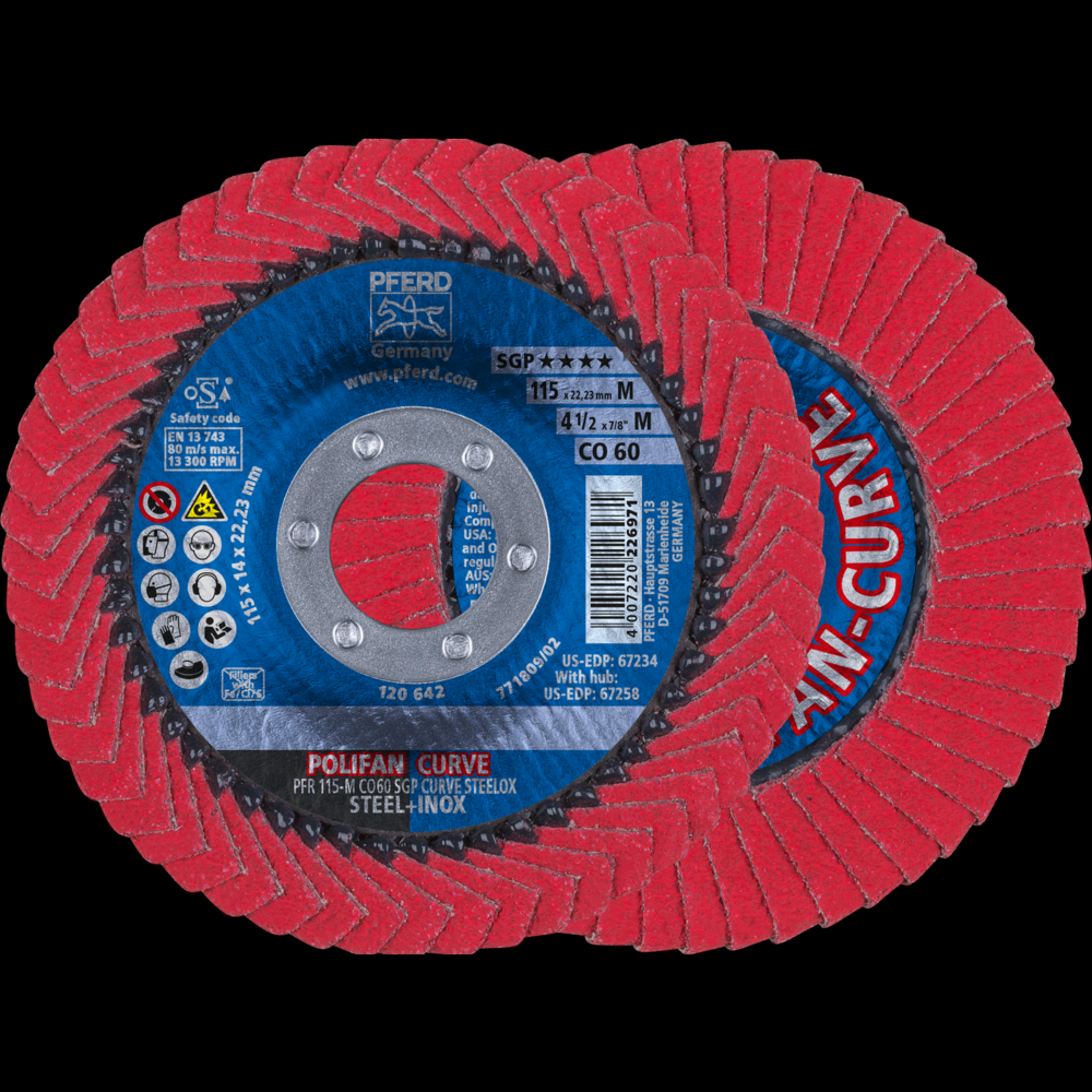 PFERD Flap Disc, 4-1/2&#34; x 7/8,CO SGP CURVE STEELOX,60 Grit,Medium Radius,Ceramic oxide<span class=' ItemWarning' style='display:block;'>Item is usually in stock, but we&#39;ll be in touch if there&#39;s a problem<br /></span>