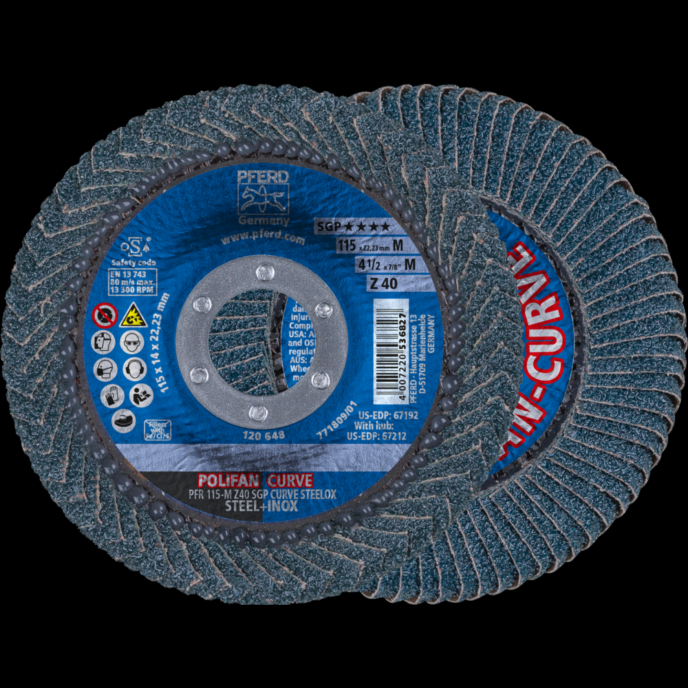 PFERD Flap Disc, 4-1/2&#34;x7/8, Z SGP CURVE STEELOX,40 Grit,Medium Radius,Zirconia,2 Pack<span class=' ItemWarning' style='display:block;'>Item is usually in stock, but we&#39;ll be in touch if there&#39;s a problem<br /></span>