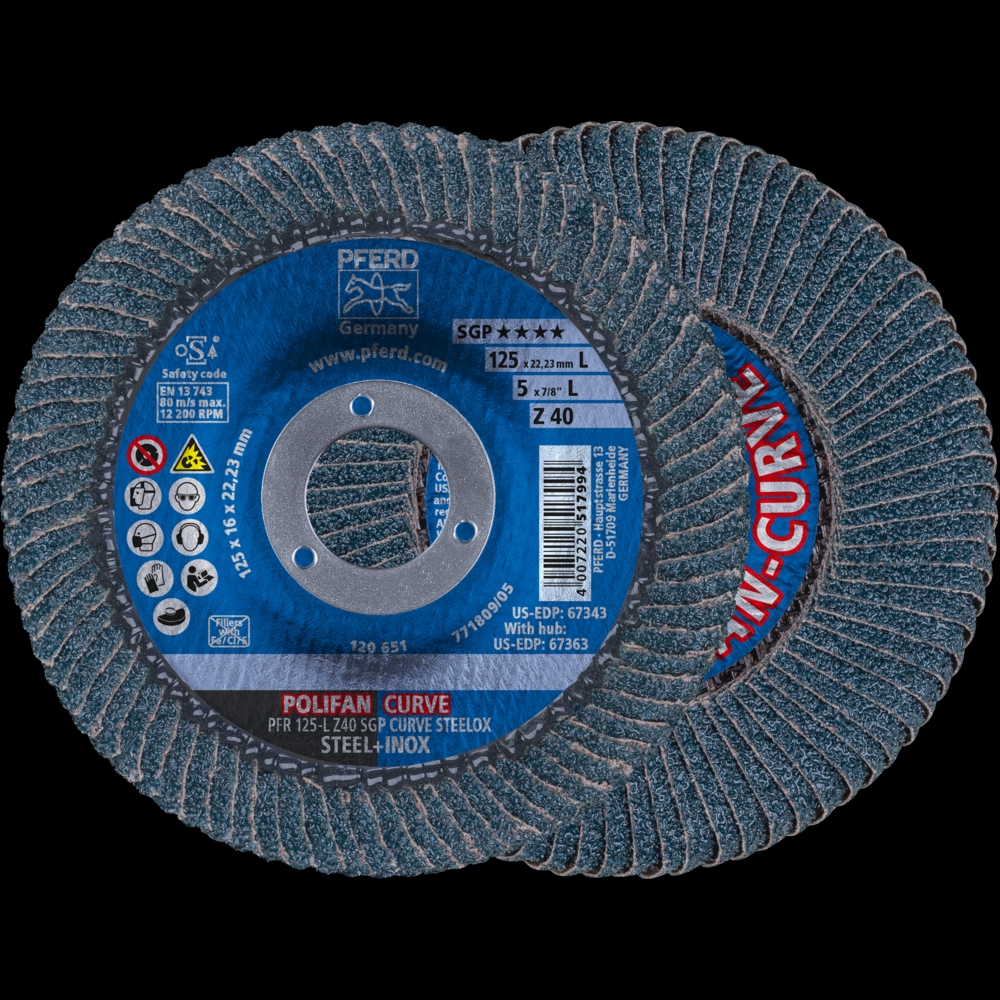 PFERD Flap Disc, 5&#34; x 7/8, Z SGP CURVE STEELOX, 40 Grit, Large Radius, Zirconia<span class=' ItemWarning' style='display:block;'>Item is usually in stock, but we&#39;ll be in touch if there&#39;s a problem<br /></span>