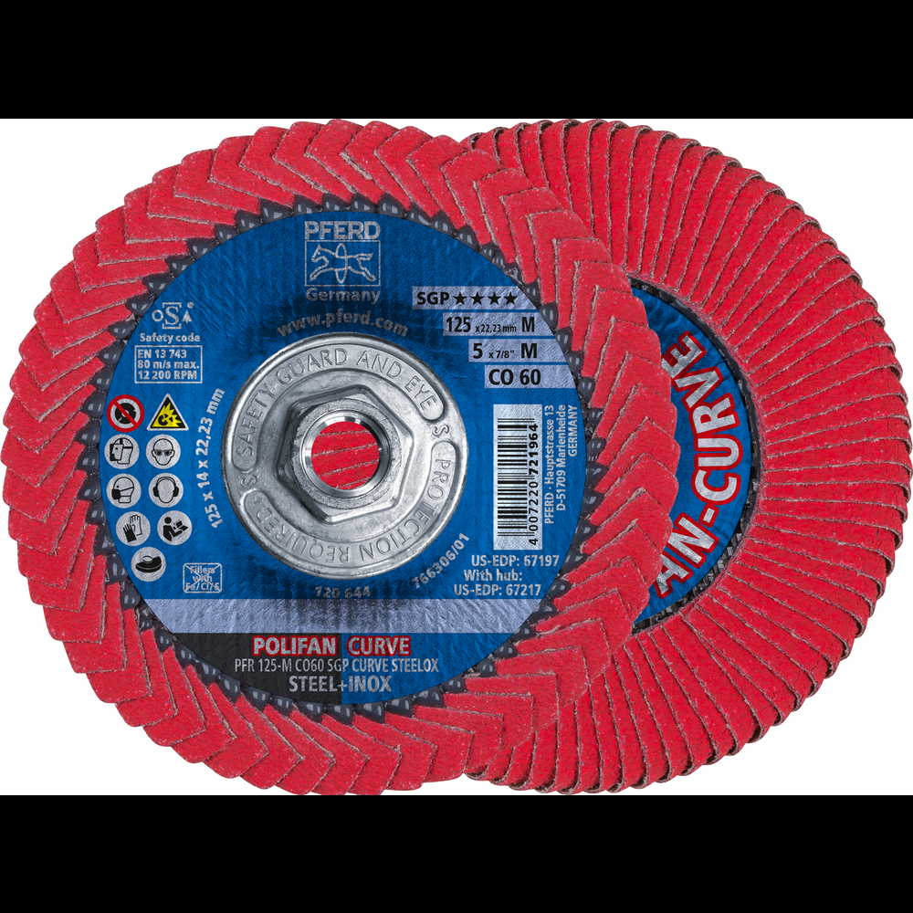 PFERD Flap Disc, 5&#34; x 5/8-11, CO SGP CURVE STEELOX,60 Grit,Medium Radius,Ceramic oxide<span class=' ItemWarning' style='display:block;'>Item is usually in stock, but we&#39;ll be in touch if there&#39;s a problem<br /></span>