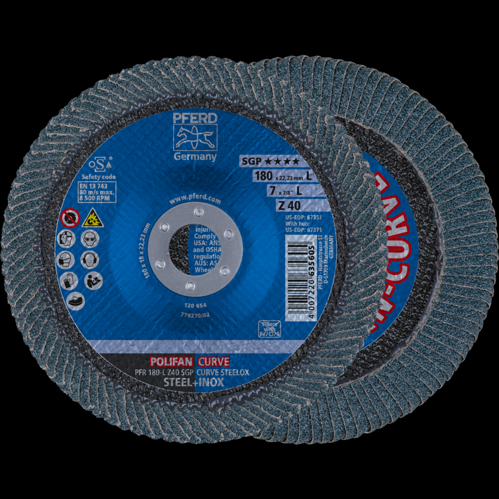 PFERD Flap Disc, 7&#34; x 7/8, Z SGP CURVE STEELOX, 40 Grit, Large Radius, Zirconia<span class=' ItemWarning' style='display:block;'>Item is usually in stock, but we&#39;ll be in touch if there&#39;s a problem<br /></span>