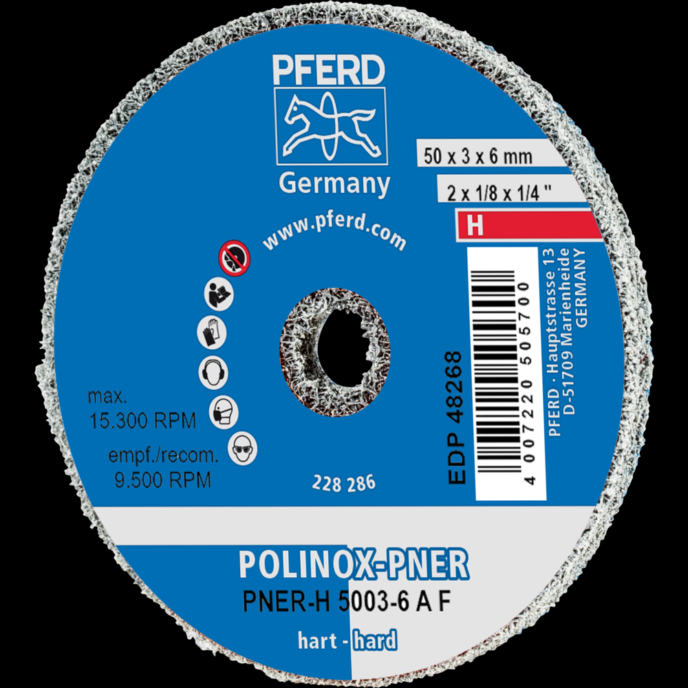 PFERD POLINOX® Unitized Wheel, 2&#34; x 1/8 x 1/4, Fine, Hard, 8AM, Aluminum oxide<span class=' ItemWarning' style='display:block;'>Item is usually in stock, but we&#39;ll be in touch if there&#39;s a problem<br /></span>