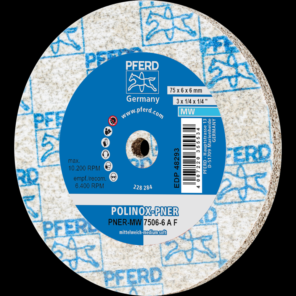 PFERD POLINOX® Unitized Wheel, 3&#34; x 1/4 x 1/4, Fine, Soft, 3AF, Aluminum oxide<span class=' ItemWarning' style='display:block;'>Item is usually in stock, but we&#39;ll be in touch if there&#39;s a problem<br /></span>