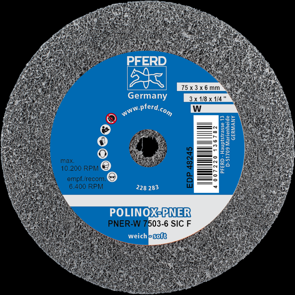 PFERD POLINOX® Unitized Wheel, 3&#34; x 1/8 x 1/4, Fine, Soft, 2SF, Silicon carbide<span class=' ItemWarning' style='display:block;'>Item is usually in stock, but we&#39;ll be in touch if there&#39;s a problem<br /></span>