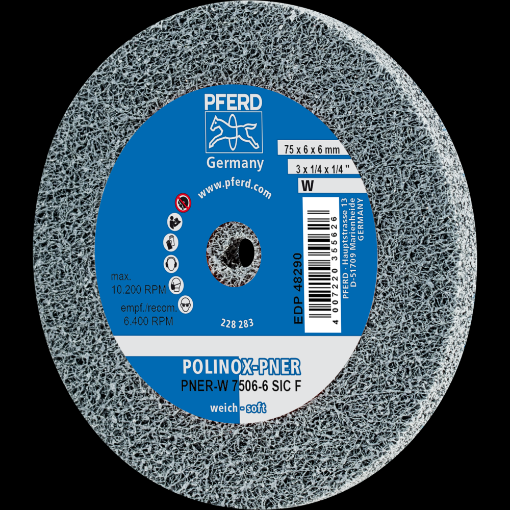 PFERD POLINOX® Unitized Wheel, 3&#34; x 1/4 x 1/4, Fine, Soft, 2SF, Silicon carbide<span class=' ItemWarning' style='display:block;'>Item is usually in stock, but we&#39;ll be in touch if there&#39;s a problem<br /></span>