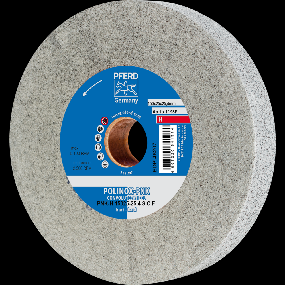 PFERD POLINOX® Convolute Wheel, 6&#34; x 1 x 1, Fine, Hard, 9SF, Silicon carbide<span class=' ItemWarning' style='display:block;'>Item is usually in stock, but we&#39;ll be in touch if there&#39;s a problem<br /></span>