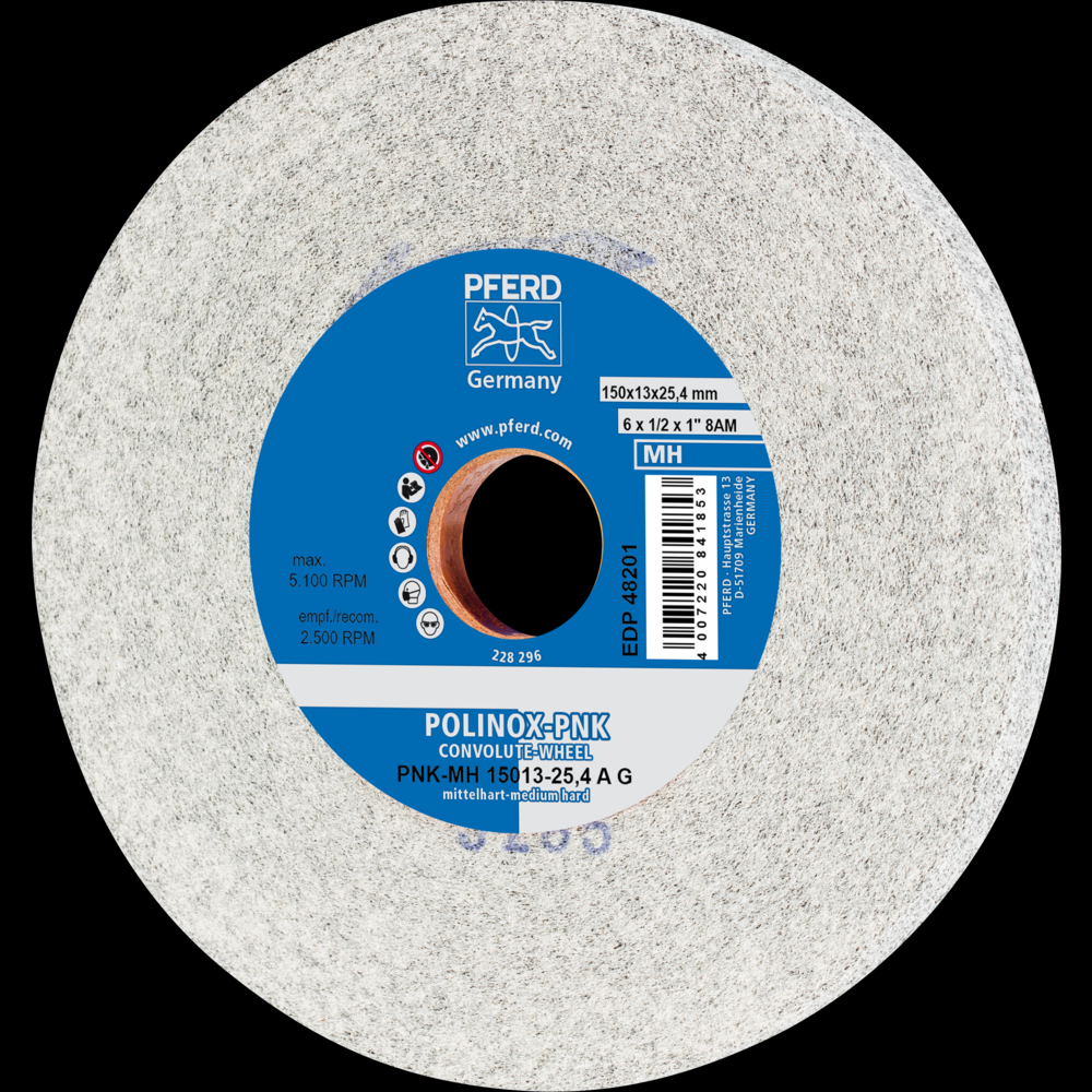 PFERD POLINOX® Convolute Wheel, 6&#34; x 1/2 x 1, Coarse, Medium-Hard, 8AM, Aluminum oxide<span class=' ItemWarning' style='display:block;'>Item is usually in stock, but we&#39;ll be in touch if there&#39;s a problem<br /></span>