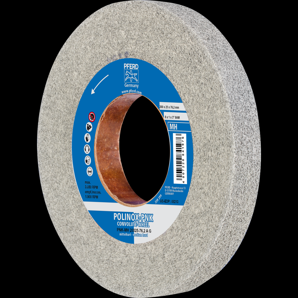 PFERD POLINOX® Convolute Wheel, 8&#34; x 1 x 3, Coarse, Medium-Hard, 8AM, Aluminum oxide<span class=' ItemWarning' style='display:block;'>Item is usually in stock, but we&#39;ll be in touch if there&#39;s a problem<br /></span>