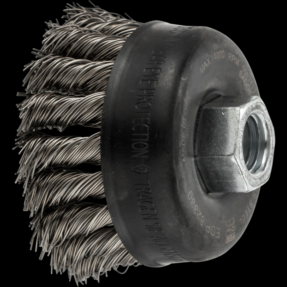PFERD Knot Wire Cup Brush PSF 2-3/4&#34; Dia. .020 Stainless Steel 5/8-11&#34; Thread Retail<span class=' ItemWarning' style='display:block;'>Item is usually in stock, but we&#39;ll be in touch if there&#39;s a problem<br /></span>