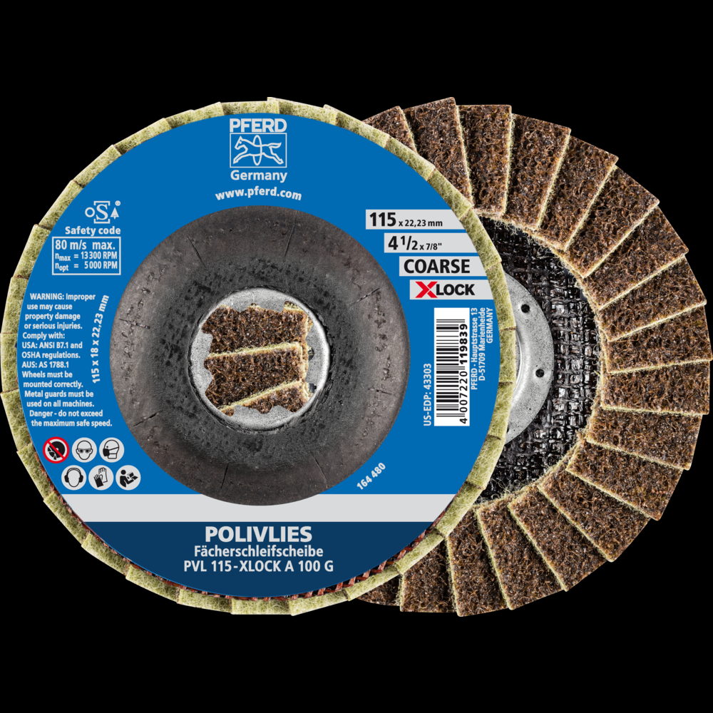 PFERD POLIVLIES® Non-Woven Flap Disc, 4-1/2&#34; X-LOCK, 100 Grit, Coarse, Aluminum oxide<span class=' ItemWarning' style='display:block;'>Item is usually in stock, but we&#39;ll be in touch if there&#39;s a problem<br /></span>