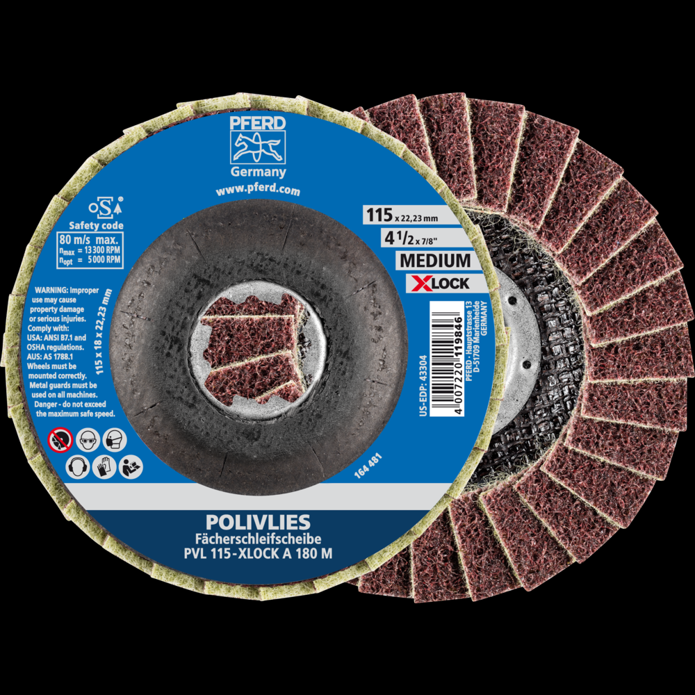 PFERD POLIVLIES® Non-Woven Flap Disc, 4-1/2&#34; X-LOCK, 180 Grit, Medium, Aluminum oxide<span class=' ItemWarning' style='display:block;'>Item is usually in stock, but we&#39;ll be in touch if there&#39;s a problem<br /></span>