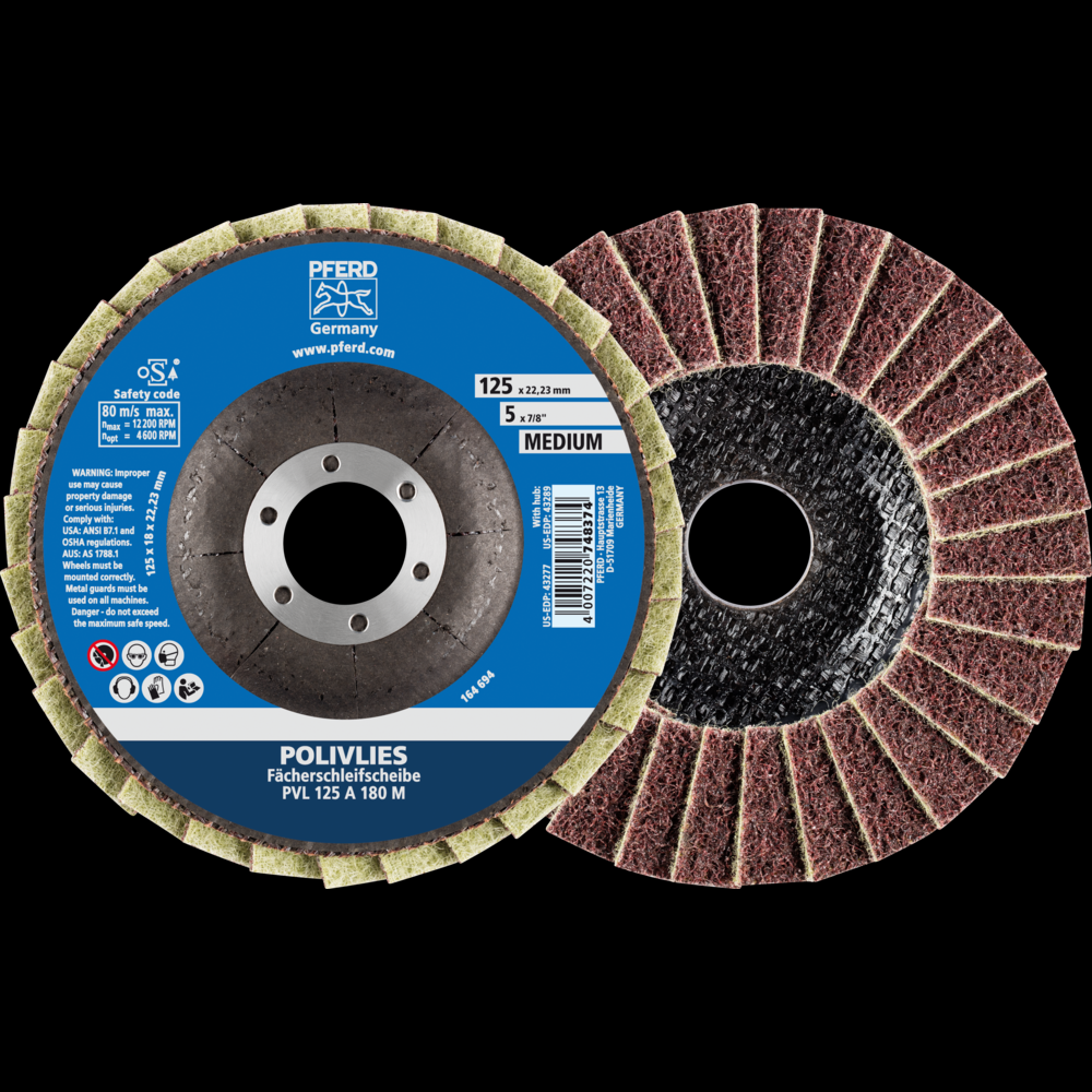 PFERD POLIVLIES® Non-Woven Flap Disc, 5&#34; x 7/8, 180 Grit, Medium, Aluminum oxide<span class=' ItemWarning' style='display:block;'>Item is usually in stock, but we&#39;ll be in touch if there&#39;s a problem<br /></span>