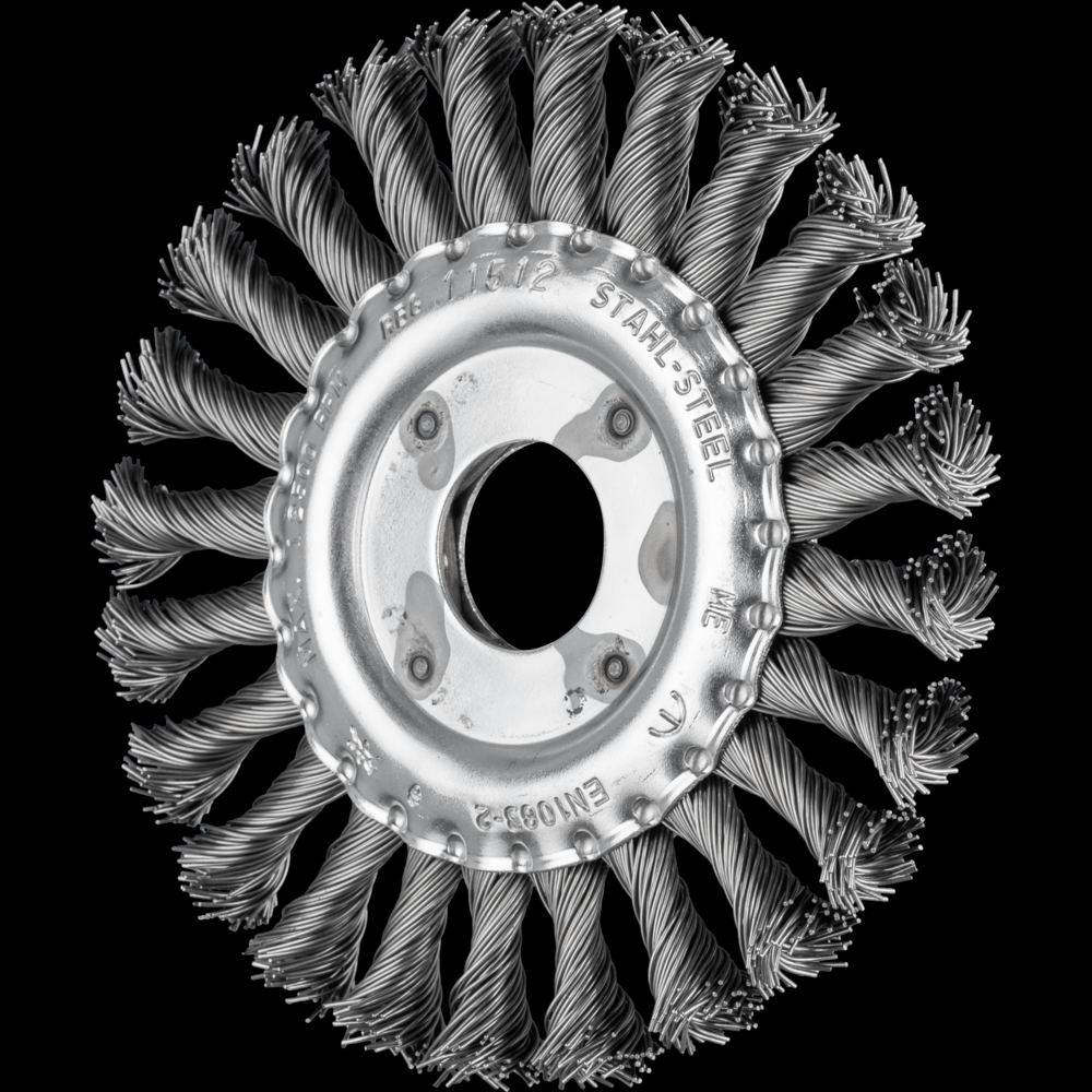 PFERD Full Cable Knot Wheel Brush 4-1/2&#34; Dia. .020 Carbon Steel 7/8&#34; Arbor<span class=' ItemWarning' style='display:block;'>Item is usually in stock, but we&#39;ll be in touch if there&#39;s a problem<br /></span>