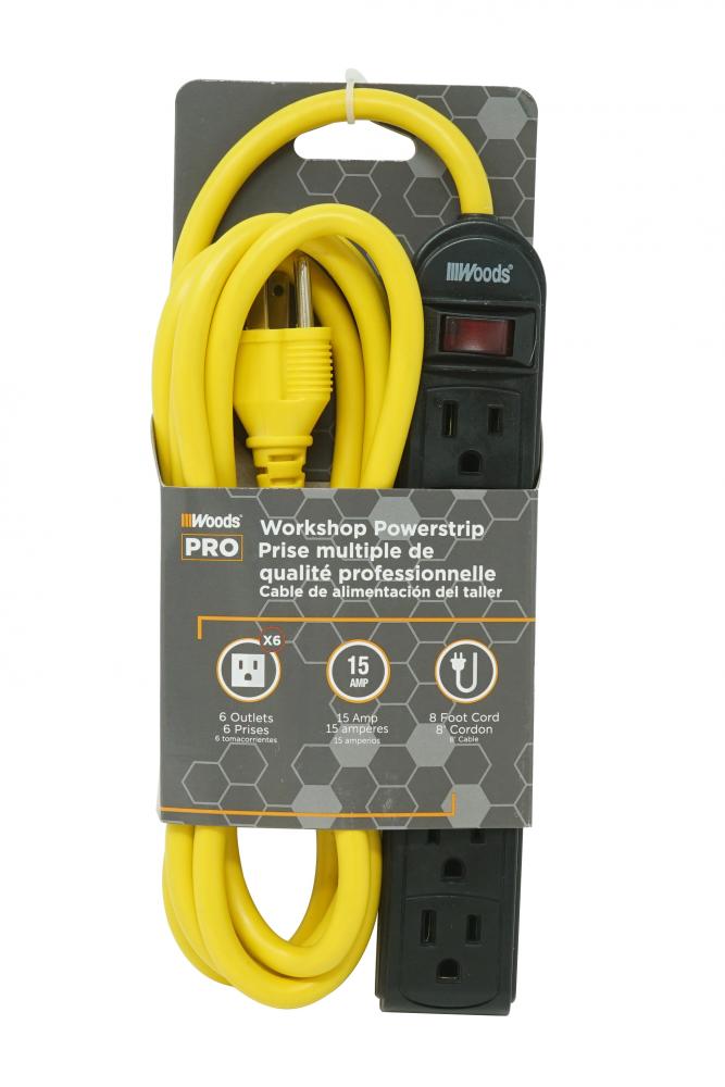 WORKSHOP- WOODS PRO 6 OUT BK 8&#39; YLW CORD<span class=' ItemWarning' style='display:block;'>Item is usually in stock, but we&#39;ll be in touch if there&#39;s a problem<br /></span>