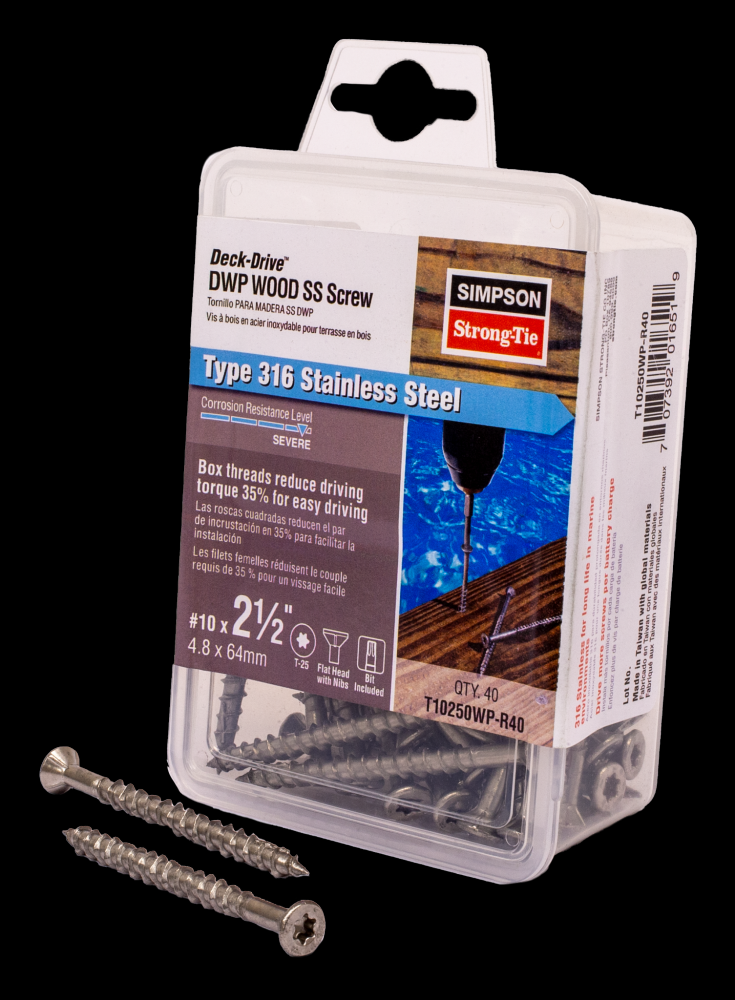 Deck-Drive™ DWP WOOD SS Screw - #10 x 2-1/2 in. T25, Flat Head, Type 316 (40-Qty)<span class=' ItemWarning' style='display:block;'>Item is usually in stock, but we&#39;ll be in touch if there&#39;s a problem<br /></span>