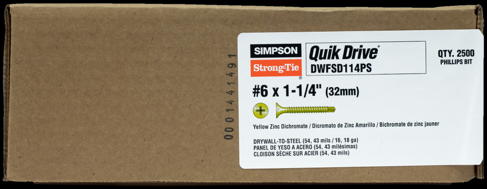 DWFSD Drywall-to-CFS Screw (Collated) - #6 x 1-1/4 in. #2 Phillips, Yellow Zinc (2500-Qty)<span class=' ItemWarning' style='display:block;'>Item is usually in stock, but we&#39;ll be in touch if there&#39;s a problem<br /></span>