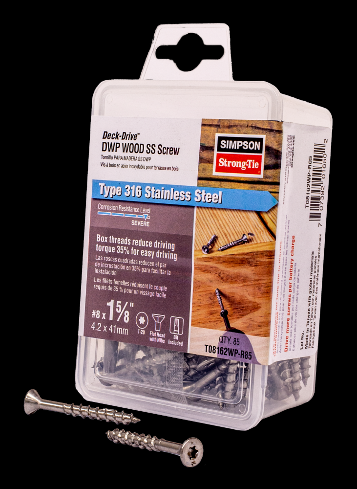 Deck-Drive™ DWP WOOD SS Screw - #8 x 1-5/8 in. T20, Flat Head, Type 316 (85-Qty)<span class=' ItemWarning' style='display:block;'>Item is usually in stock, but we&#39;ll be in touch if there&#39;s a problem<br /></span>