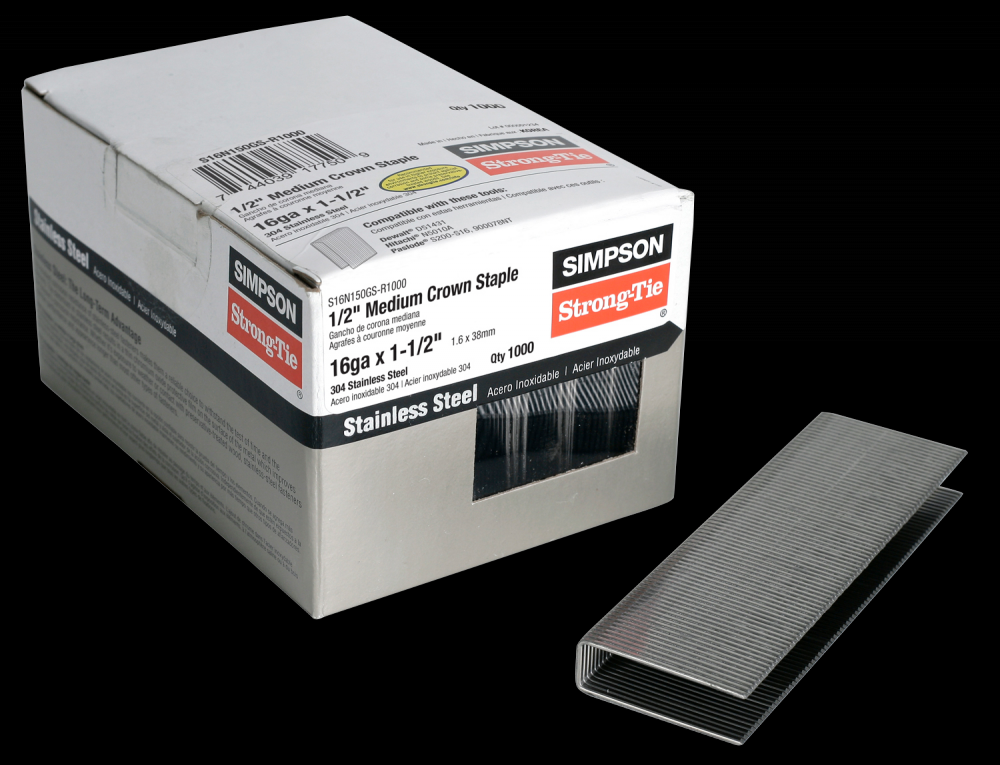 1/2-in. Crown, 16-Gauge Staples - 1-1/2 in. Type 304 Stainless Steel (1000-Qty)<span class=' ItemWarning' style='display:block;'>Item is usually in stock, but we&#39;ll be in touch if there&#39;s a problem<br /></span>